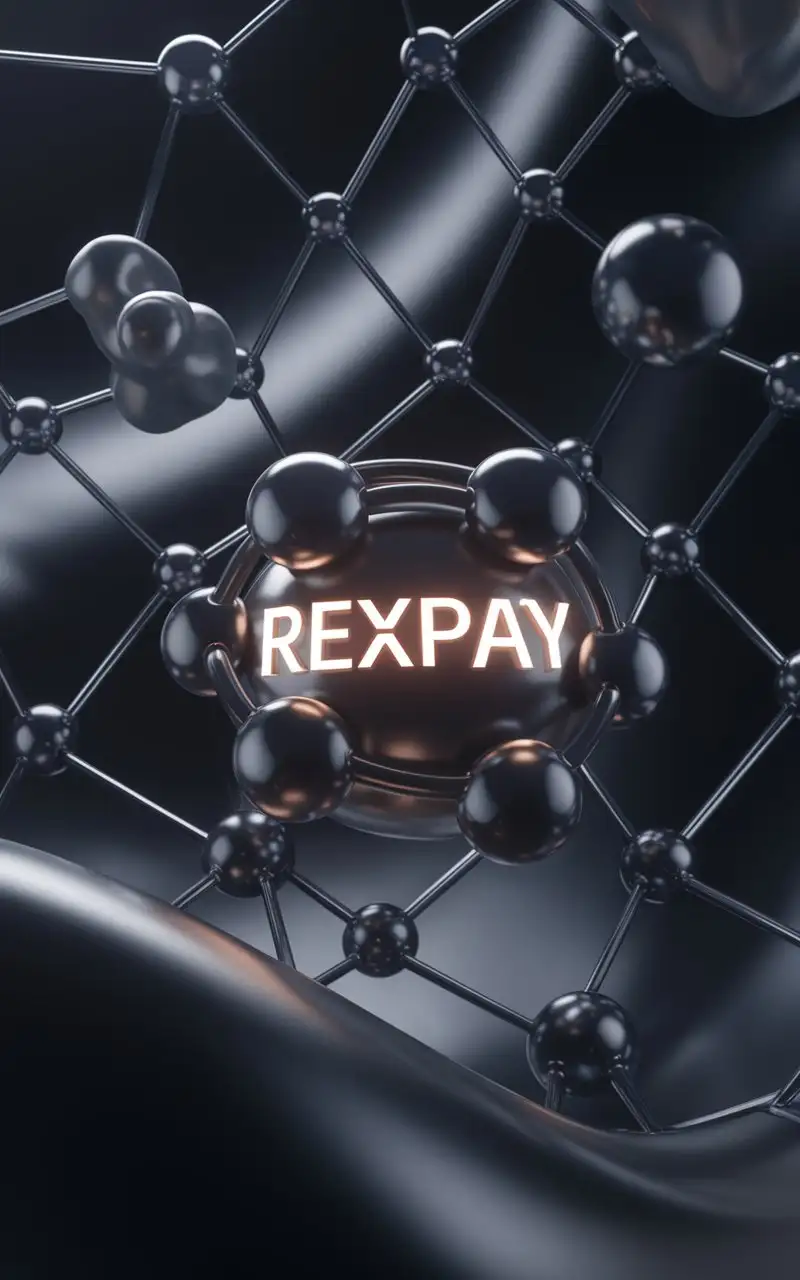 Design a high-tech, futuristic background for a mobile app called Rexpay, emphasizing its central role in a connected network. The background should feature a smooth, flowing gradient transitioning between deep black and metallic gray (patent gray), with a clean, balanced look. In the center of the composition, place a large 3D node representing Rexpay, which is connected to other smaller nodes. These interlocking nodes should form an exoskeleton around a round, blob-like sphere that is glossy and metallic. The sphere inside the main node should have a gradient of deep black and subtle gray, but the interlocking nodes themselves should feature vibrant gradients—deep blue, subtle yet bright purple, and metallic gray with liquid metal textures.The Rexpay name should be written in bold, glowing white text on the central node, illuminating with a soft, radiant glow that highlights the importance of the node. The glowing effect should create a subtle halo around the text, adding depth and focus to the central element. Soft studio lighting from the top-right corner should emphasize the high definition and intricate details of the connections.The other nodes should be connected in a structured, network-like fashion but should not clutter the scene. Strategically place floating blobs (or disconnected nodes) throughout the background and a few in the foreground, some partially visible, and some offset at the edges of the composition. These blobs should float freely and vary in size, matching the color gradient of the interlocking nodes but not connected to any specific point. Ensure the lighting interacts with the blobs and nodes for depth and subtle reflections. The overall feel should be modern, tech-inspired, with crisp, polished details while maintaining a sleek, minimalist aesthetic."