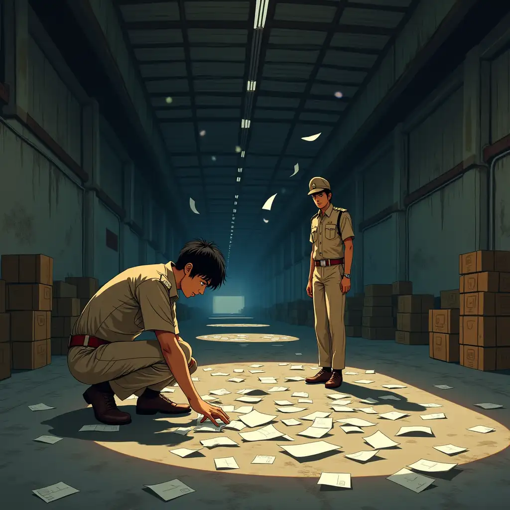 Indian-Police-Constables-in-Abandoned-Warehouse-Surrounded-by-Flying-Money-Papers