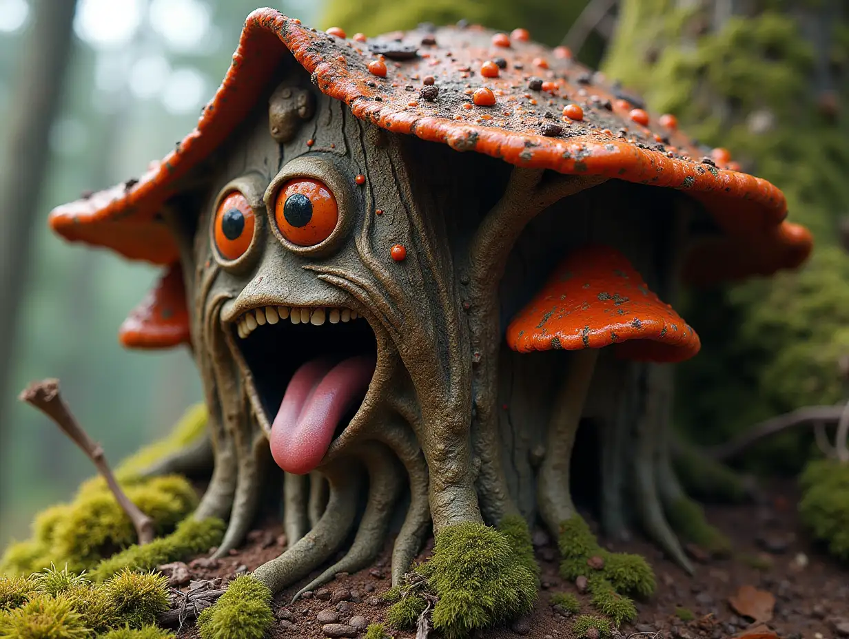 Face transformed into building with brown Fly Agaric roots