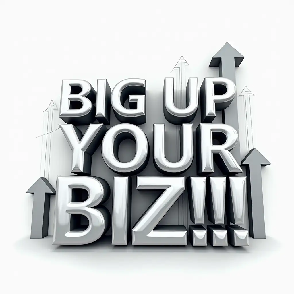 Design a typography piece for 'Big Up Your Biz!!!' in a sleek, corporate style. Use a bold, modern font with sharp edges, and make the text in a metallic silver or chrome color. Include upward-pointing arrow graphics or a subtle bar graph pattern in the background to emphasize growth and professionalism.