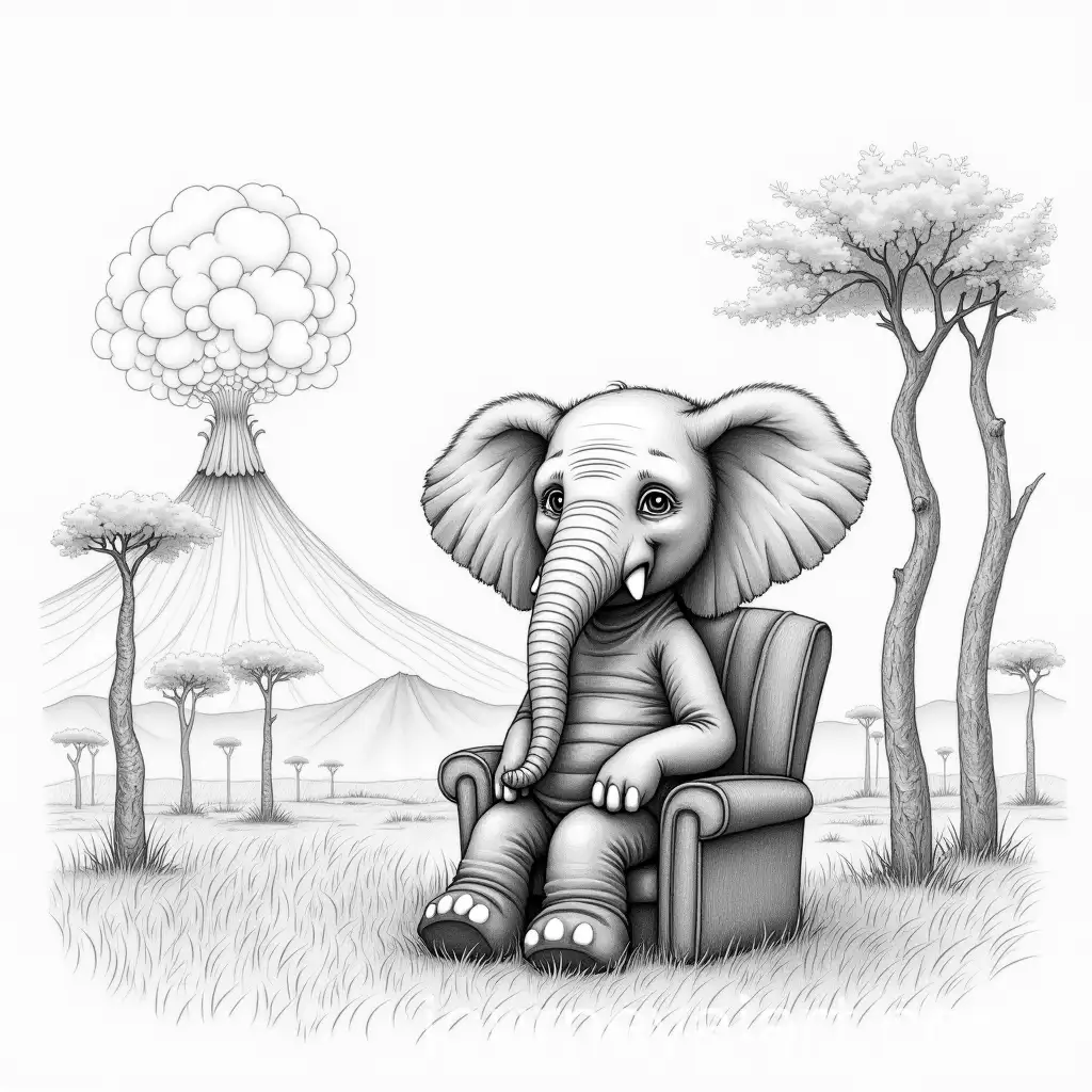 Elephant-Sitting-on-Chair-by-African-Trees-with-Volcano-Erupting-Custard