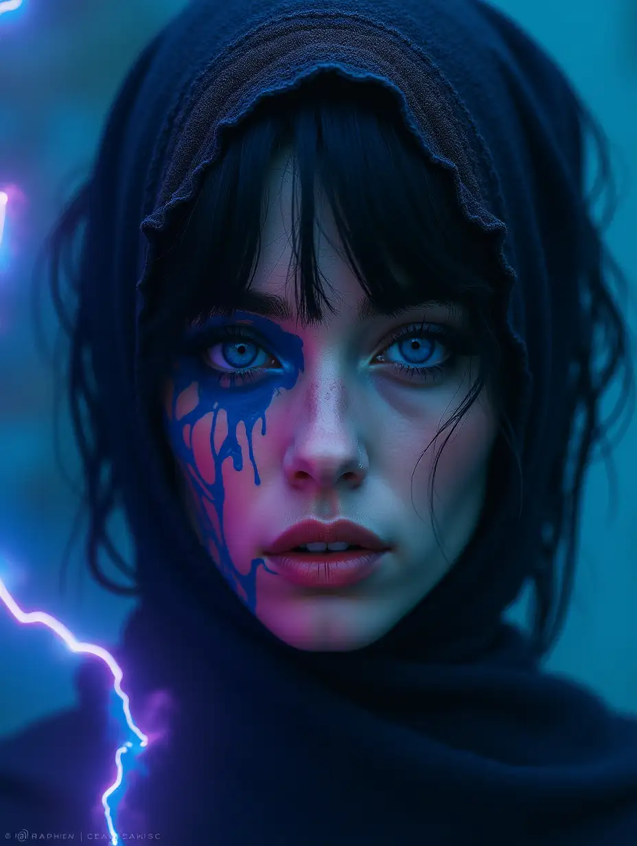 A cinematic shot of a dark fantasy scene with a vivid portrait of a woman with striking blue eyes and tousled black hair. She is partially covered by a cyan and purple pink abstract painting that seems to be dripping down, enveloping her face like an Islamic veil. The background contains a mysterious silhouette with electrifying blue-black hair, cascading like fluid energy. By Sasan