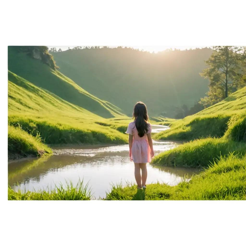 A beautiful morning with green hills, sunrays all around, a stream flowing and one girl child standing.