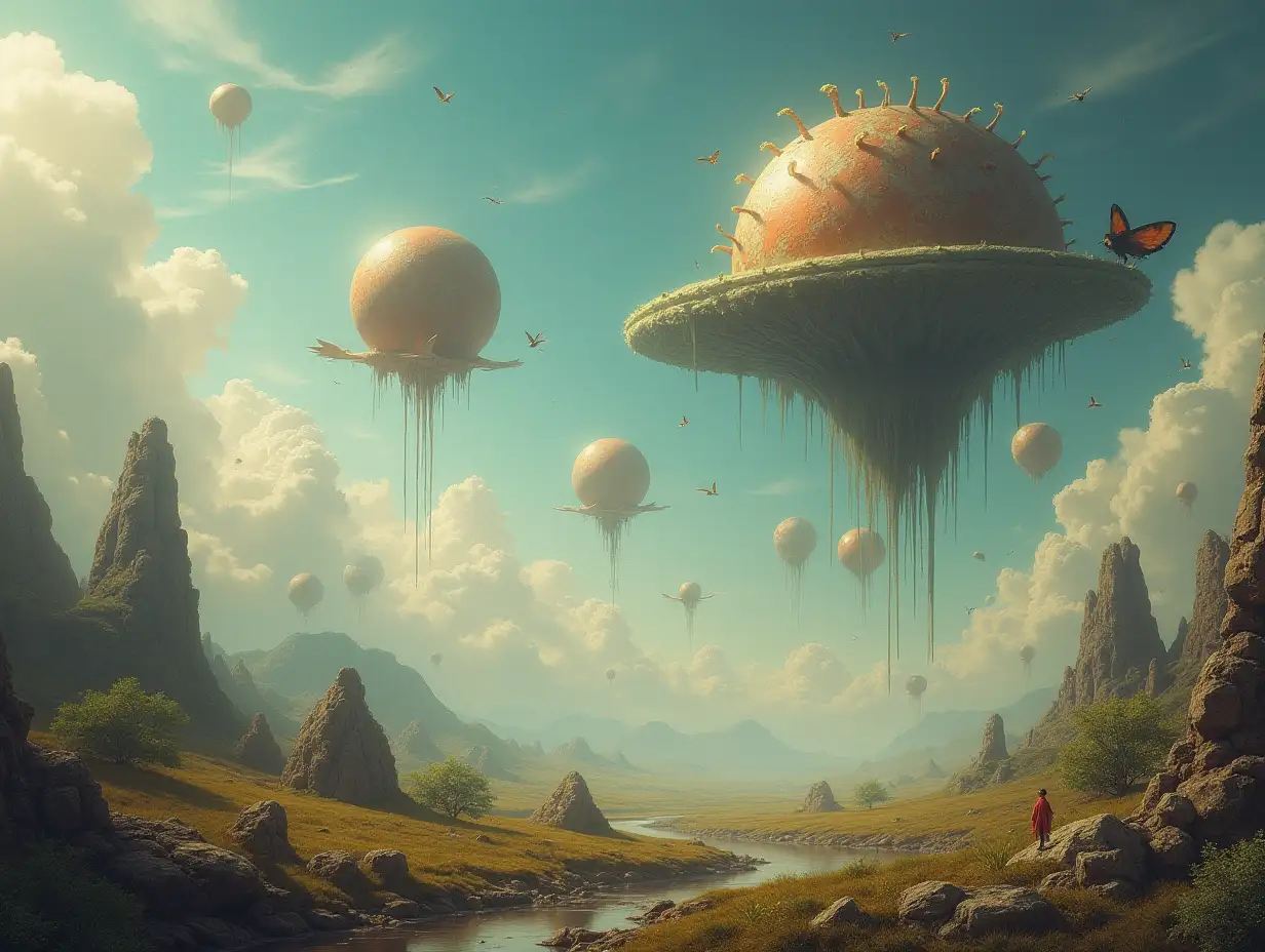 A surreal and fantastic world with floating objects and beings over a dreamlike landscape. A surreal and fantastic world with floating objects and creatures over a dreamlike landscape