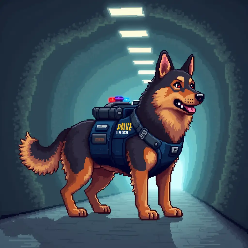 Police dog, pixel art, side view, in the tunnel