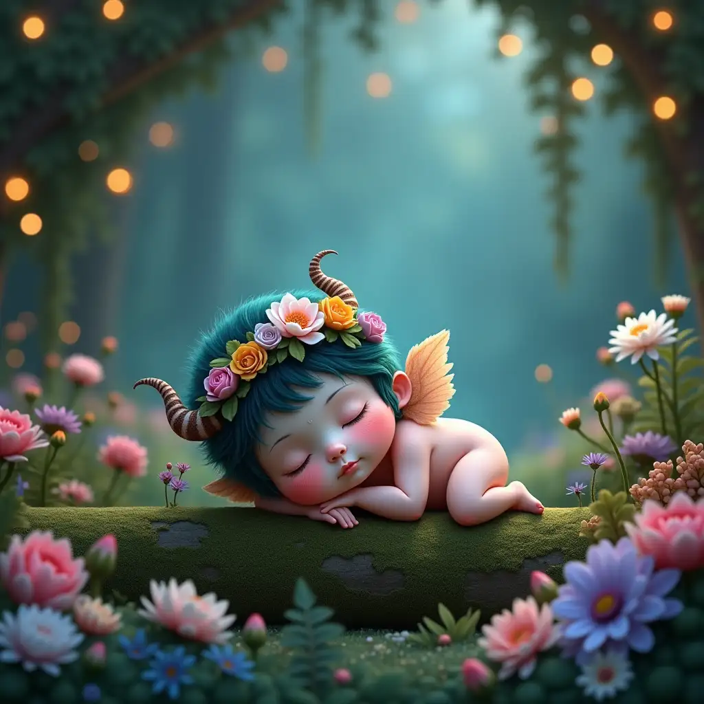 A whimsical digital artwork depicts a tiny, sleeping creature with fantastical features, positioned slightly to the right of center in the foreground. The baby-like being has pale pink skin, closed eyes tinted faint pink, and subtle blush on its cheeks. Its body is crossed, with hands supporting the head and feet resting below. Delicate feathered wings spread outward from its back, adding to its ethereal appearance. The creature's hair is dark teal, fluffy, and voluminous, styled upward with horn-like structures spiraling upwards. It wears an intricate crown of flowers in pastel shades of pink, yellow, white, and green leaves, adorning its head. The creature rests on a moss-covered log, surrounded by a vibrant array of colorful flowers including roses, lotus-like blossoms, daisies, and chrysanthemums in shades of pink, purple, white, and blue. Various types of foliage, ferns, and small plants add depth to the scene. Small fairy lights or string lights illuminate the surroundings, casting a soft, magical glow that enhances the dreamlike quality of the image. The background consists of blurred flora and hanging branches, creating a serene atmosphere with soft bokeh effects of warm golden lights scattered across the sky-blue gradient. This enchanting setting evokes a sense of peace, wonder, and otherworldliness, reminiscent of a mystical forest grove at night.