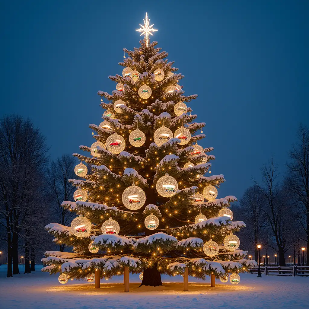 a large, elaborately decorated Christmas tree, on the branches of which hang bright New Year decorations in the form of Stelkian balls, inside each of which there is a miniature car with sparkling headlights. This is the general plan, the tree is visible in full growth. Video of the sky and the snow-covered land