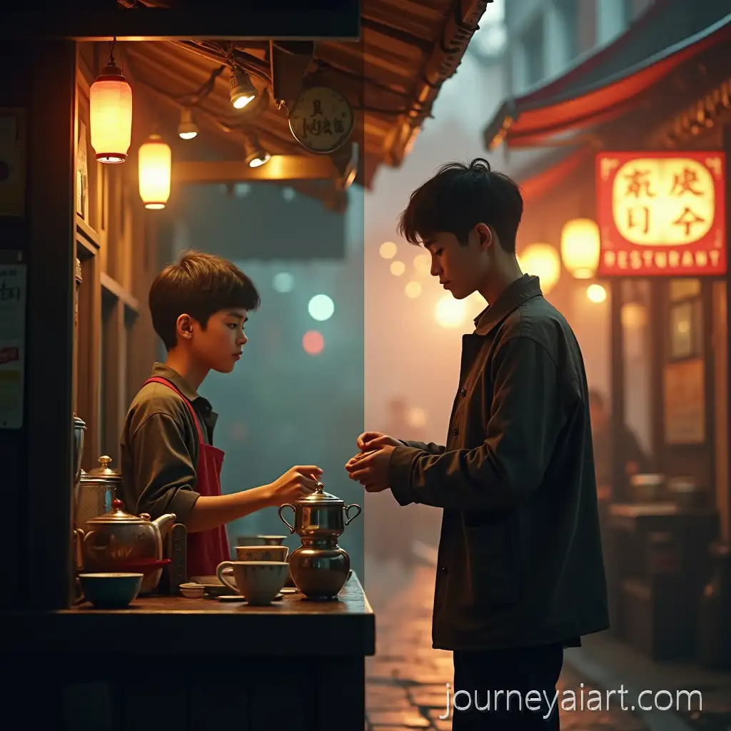 Young-Boy-Serving-Tea-in-Tiny-Stall-and-Future-Restaurant-Owner-in-Modern-Dining-Scene