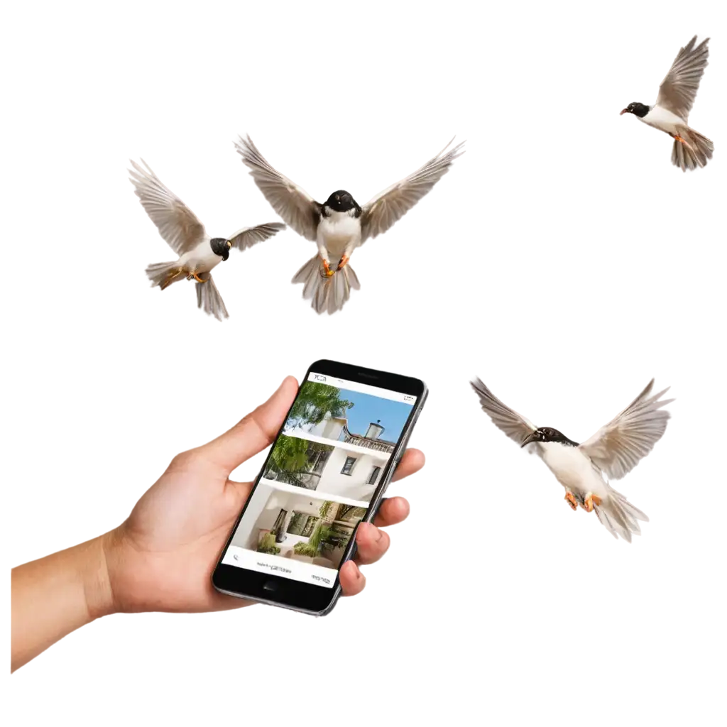 Realestate venture displaying on top of mobile, 2 birds are watching with surprise, except birds all other images are big 