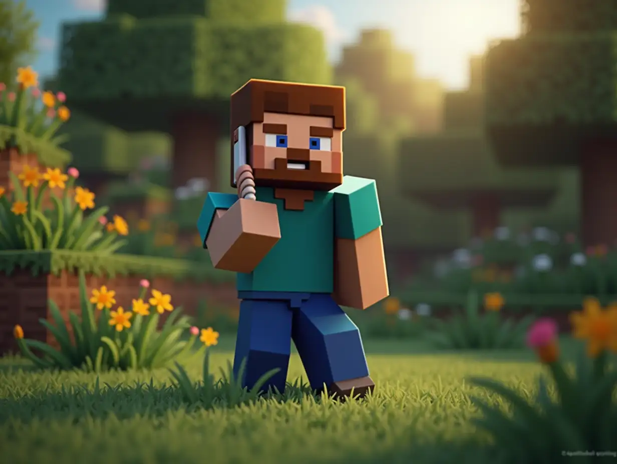 steve from minecraft with a beard, stands near the garden, talking on the phone