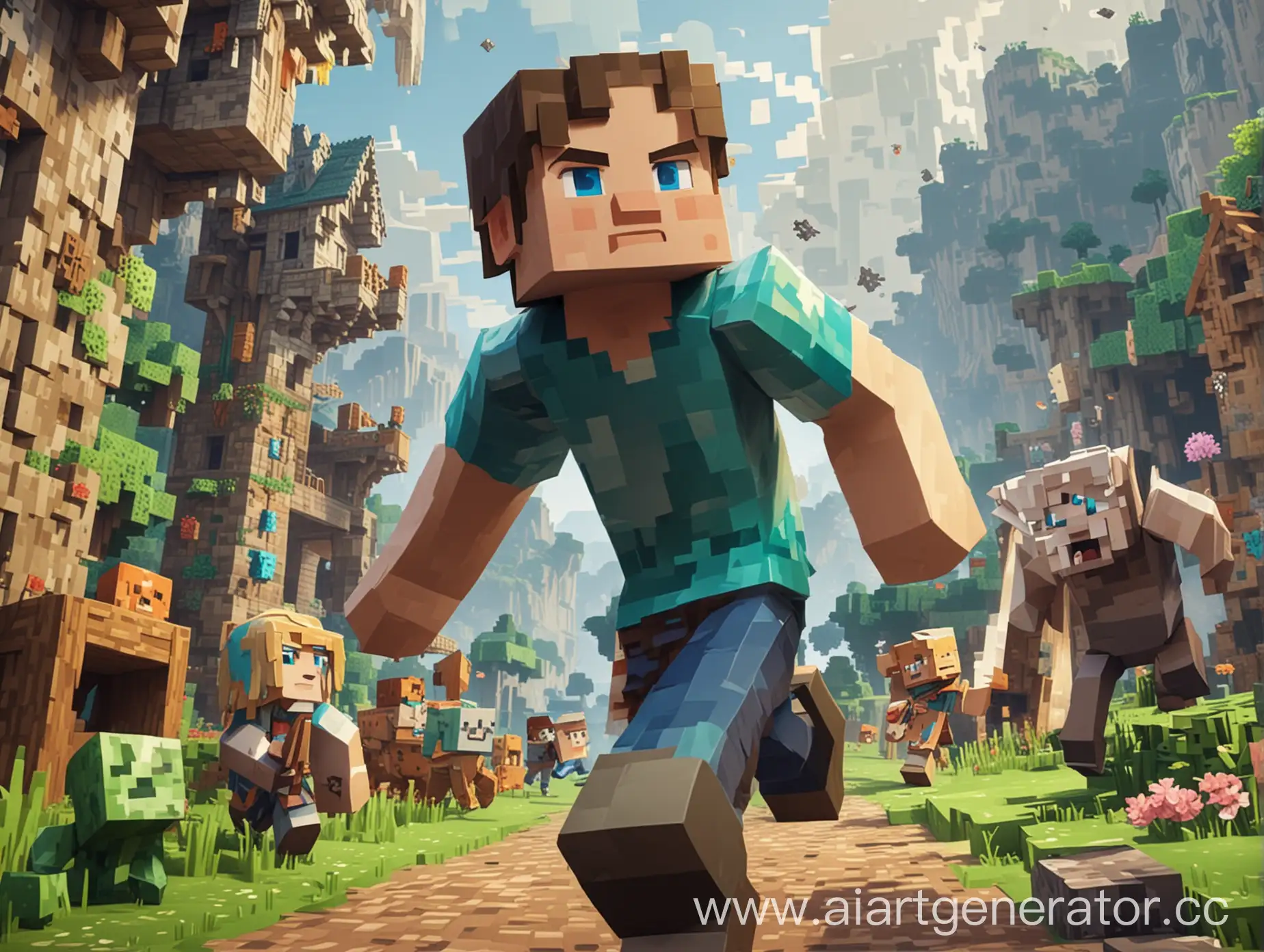 Minecraft Steve in a beautiful anime style runs away from monsters with a friend