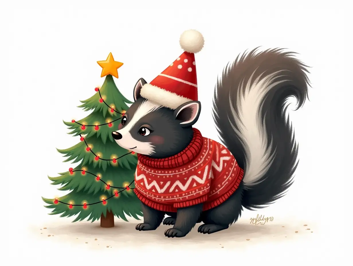 Adorable Skunk in Christmas Sweater with Festive Tree