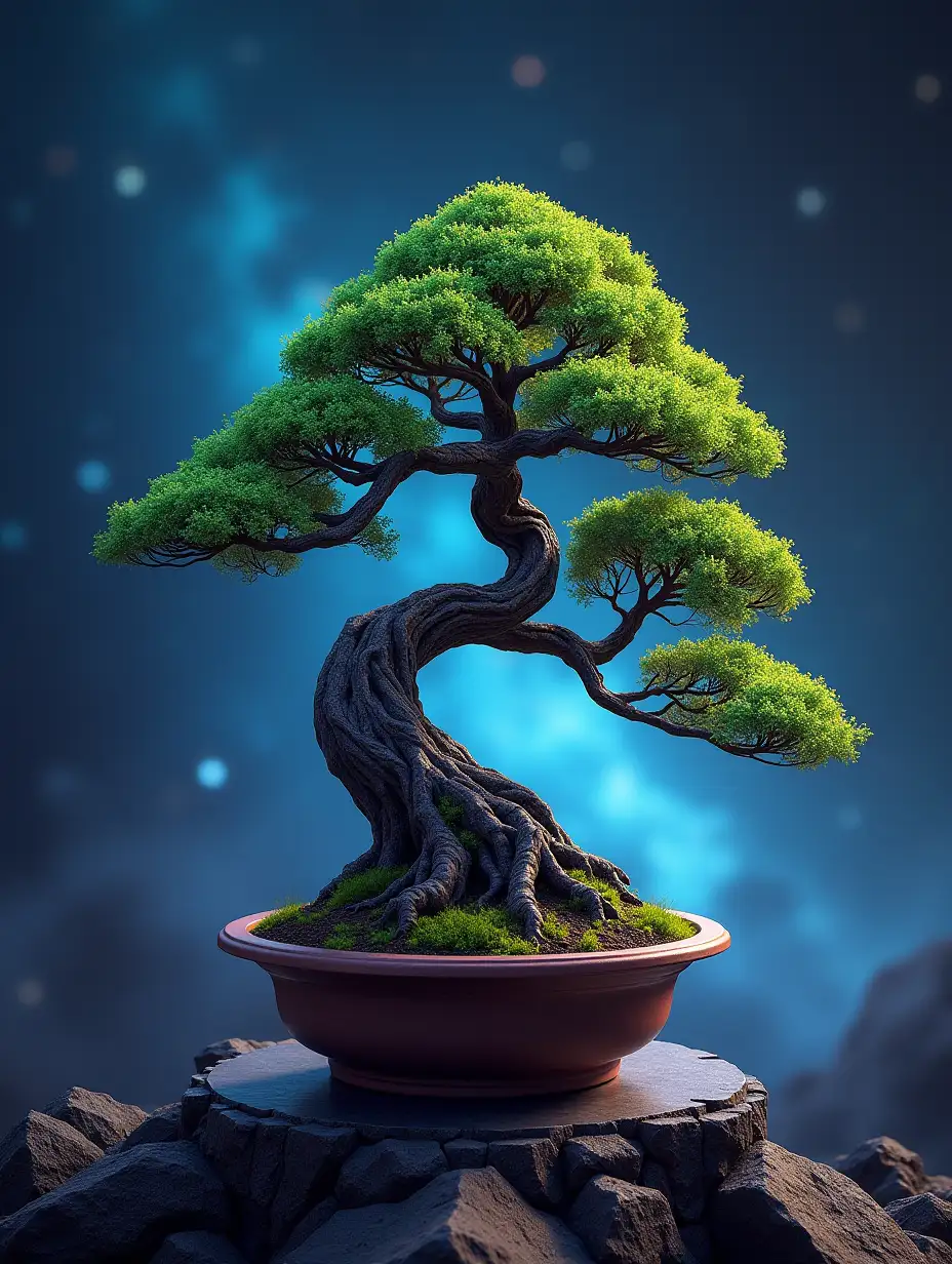 Alien cosmic futuristic bonsai, space background