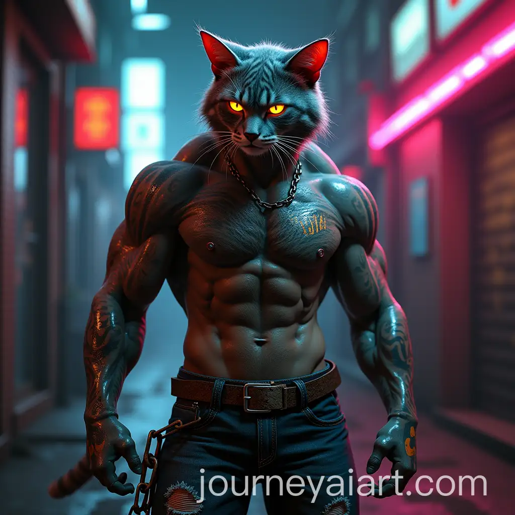 Muscular-AnthropAI-Image-Prompt-Expansionomorphic-Cat-in-Cyberpunk-Alley-with-Glowing-Tattoos-and-Battle-Scars