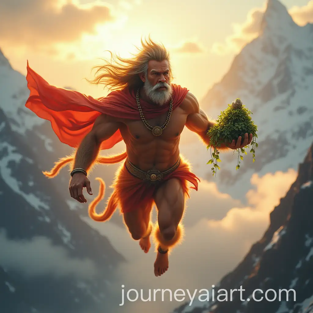 Lord-HanAI-Art-Prompt-Expansionuman-Flying-with-Sanjeevani-Herb-Mountain-in-a-Serene-Himalayan-Landscape