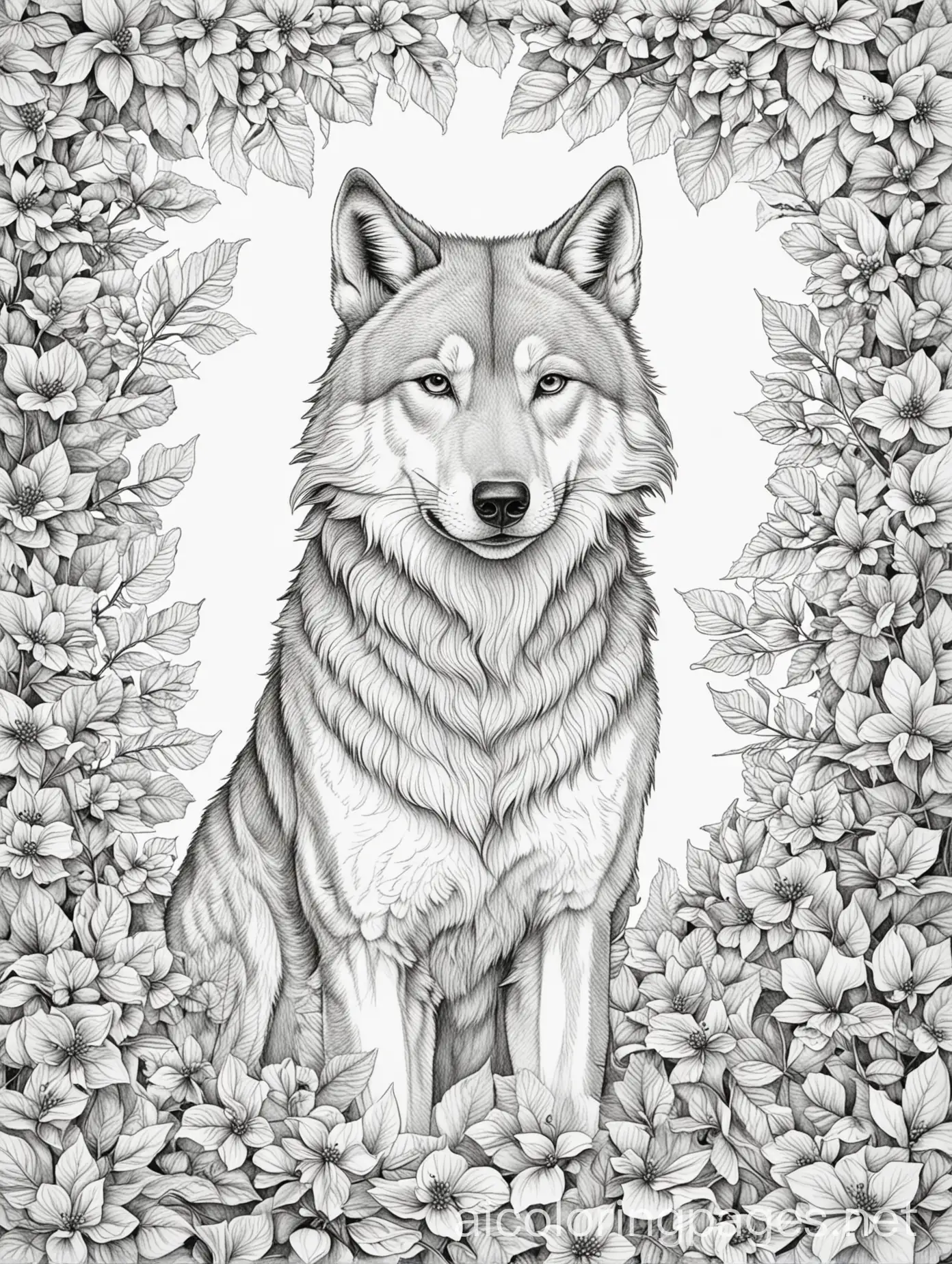 Wolf-Surrounded-by-Dogwood-Leaves-Coloring-Page