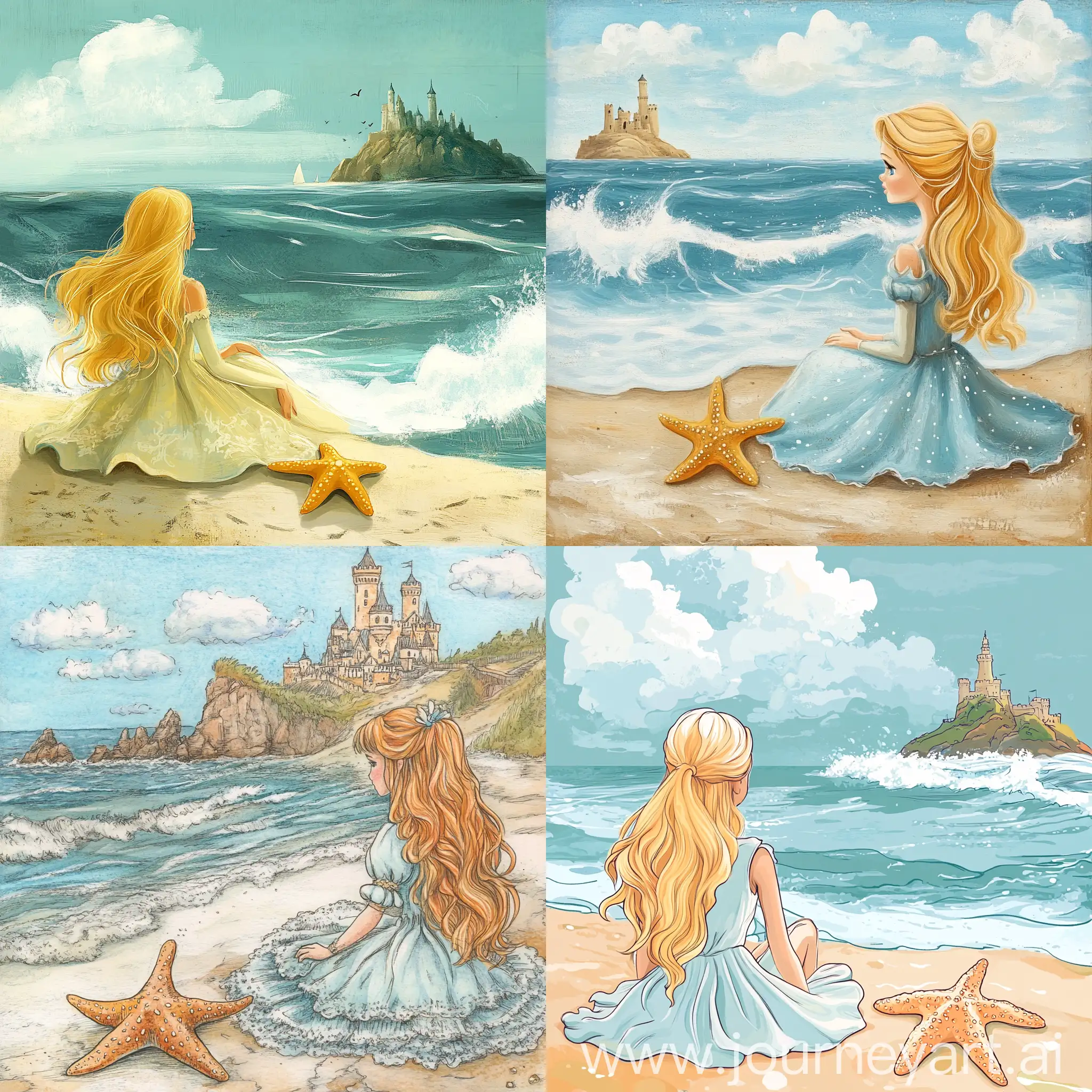 Princess-Sitting-by-the-Sea-with-Starfish-in-Fairytale-Cartoon-Style