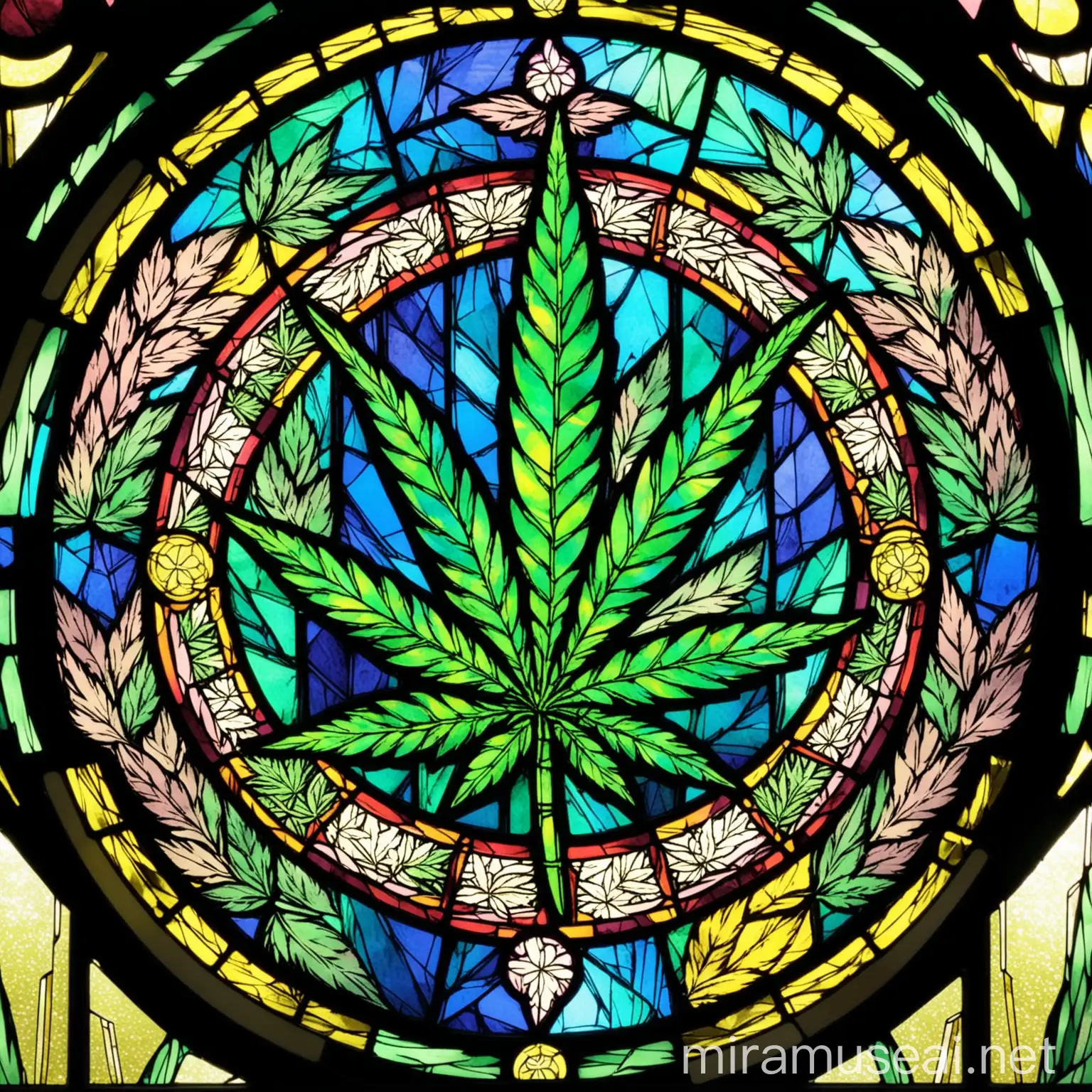 Colorful Stained Glass Art of Cannabis Leaves