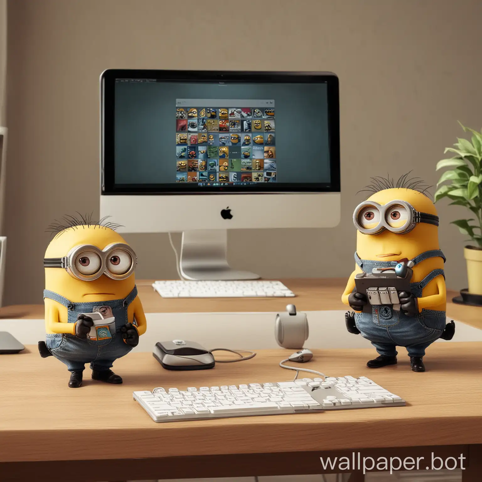 minions sitting down at desk typing on a double screen apple computer