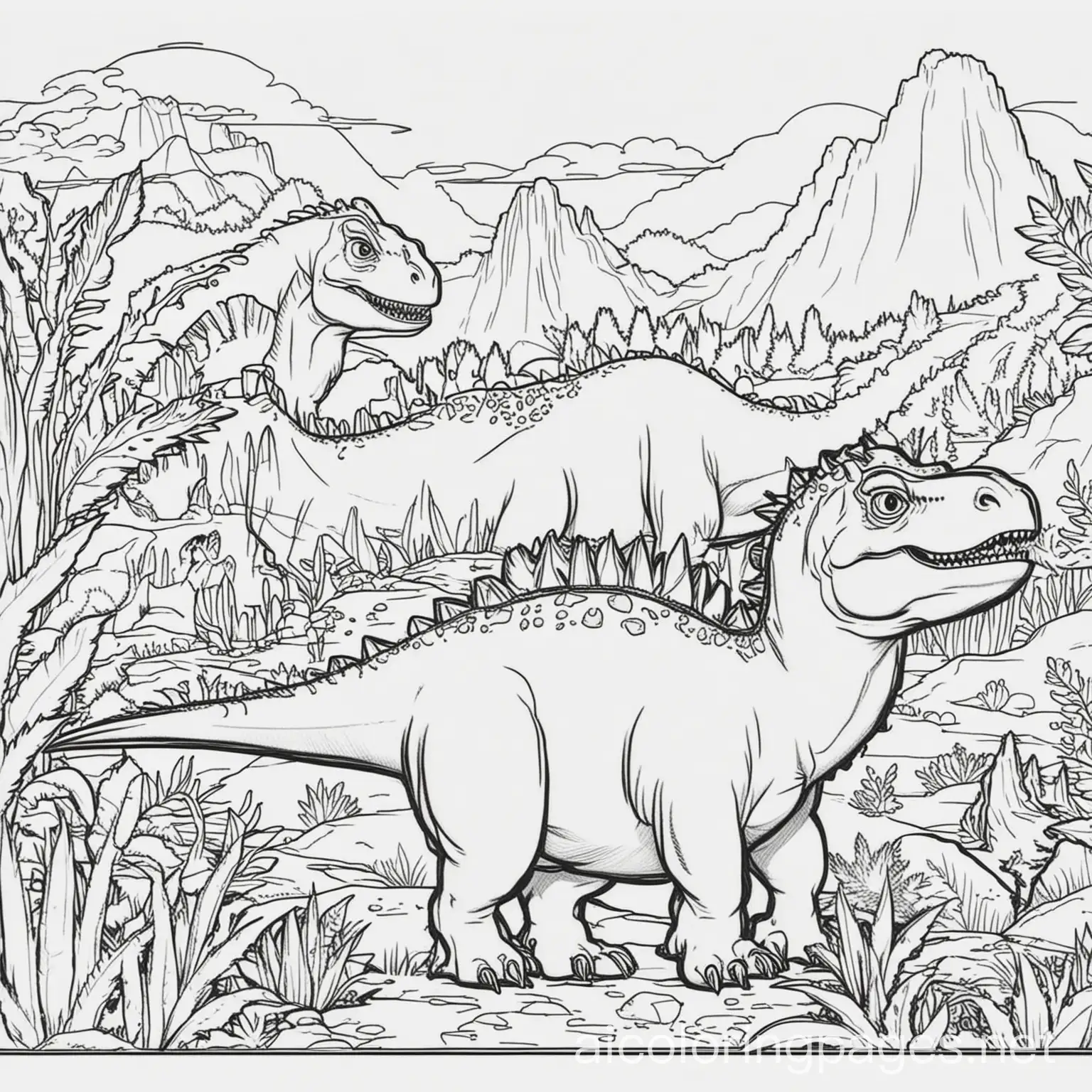 kids' dinosaurs coloring book page, Coloring Page, black and white, line art, white background, Simplicity, Ample White Space. The background of the coloring page is plain white to make it easy for young children to color within the lines. The outlines of all the subjects are easy to distinguish, making it simple for kids to color without too much difficulty