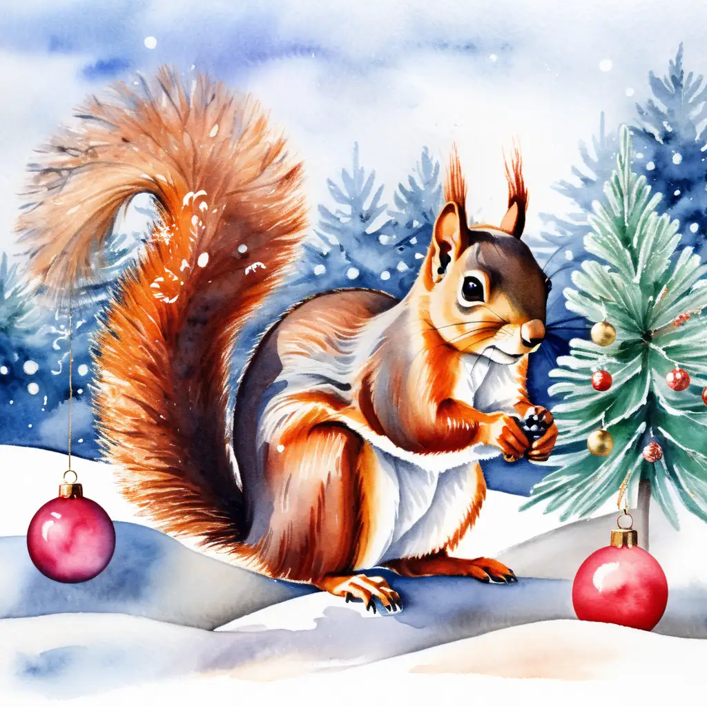 Squirrel in a Winter Wonderland A Watercolor Christmas Scene