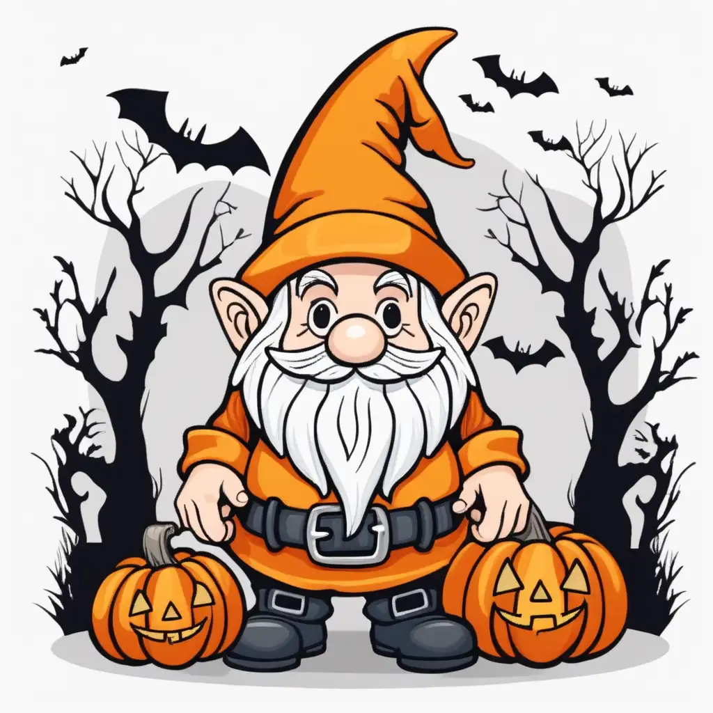 Cartoon Halloween Gnome Character with JackOLantern and Spooky Forest Background