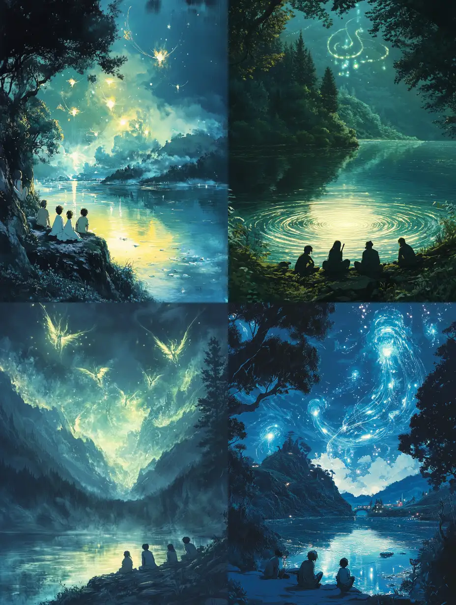 Group-of-Adventurers-Resting-by-a-Mystical-Lake-with-Ethereal-Creatures-in-1990s-Studio-Ghibli-Style