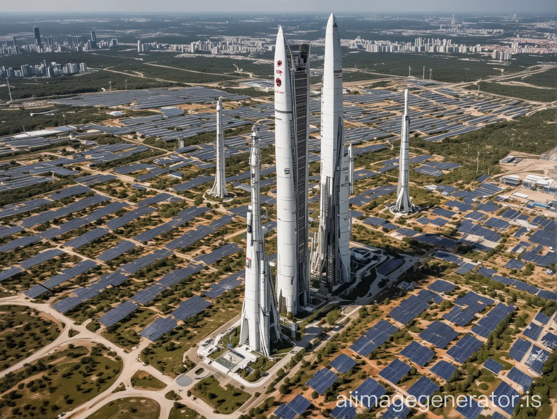 The rocket launch site is surrounded by the largest solar panels in the world and there are futuristic skyscrapers with gardens in each building and with a planet and space in the background.
