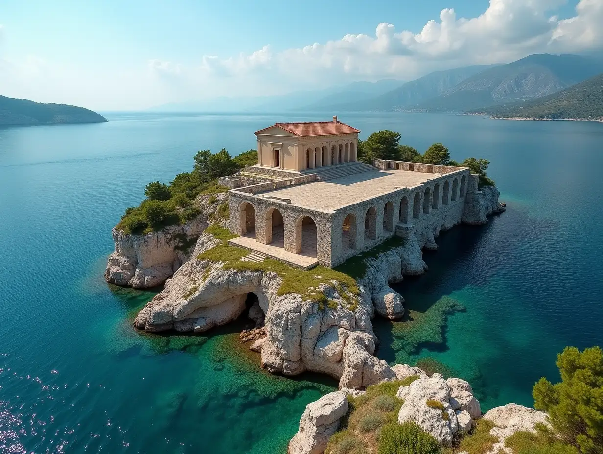 Aerial-View-of-an-Ancient-Greek-Luxury-Palace-on-an-Island