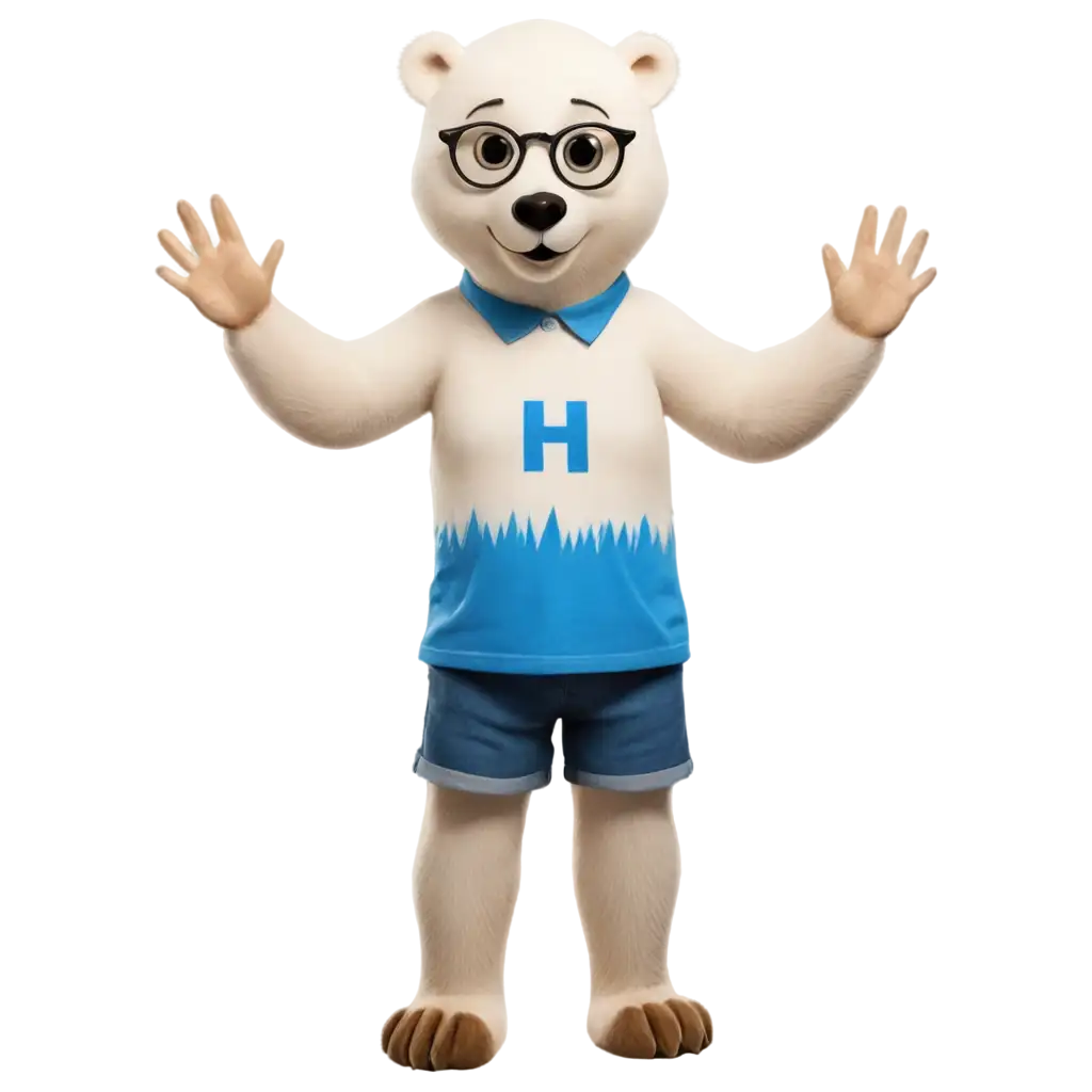 create an adult friendly polar bear standing waving 'hi' wearing blue tshirt. have an eyes of a wise owl wearing big eyeglasses