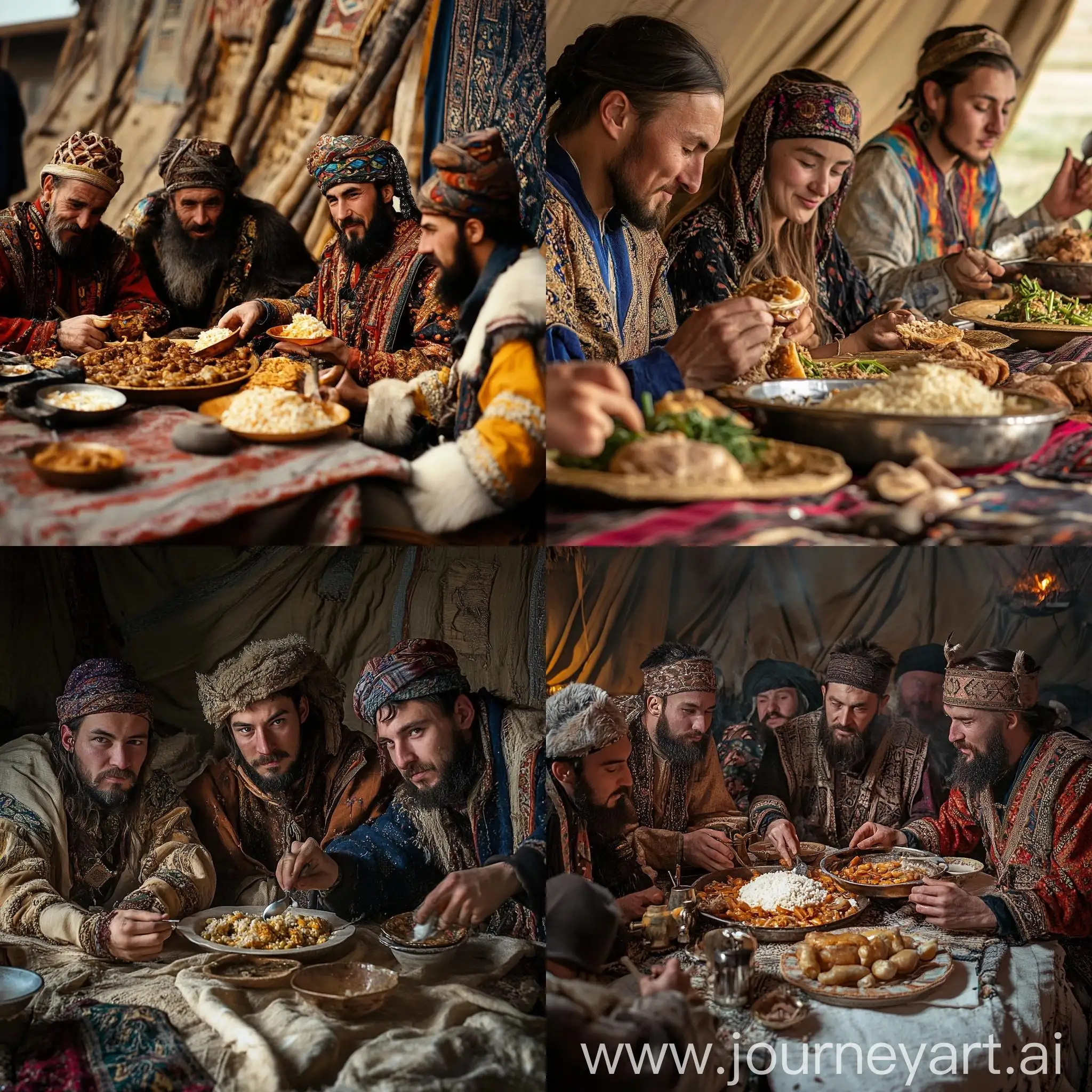 Nomads-Eating-Plov-in-Traditional-National-Clothes