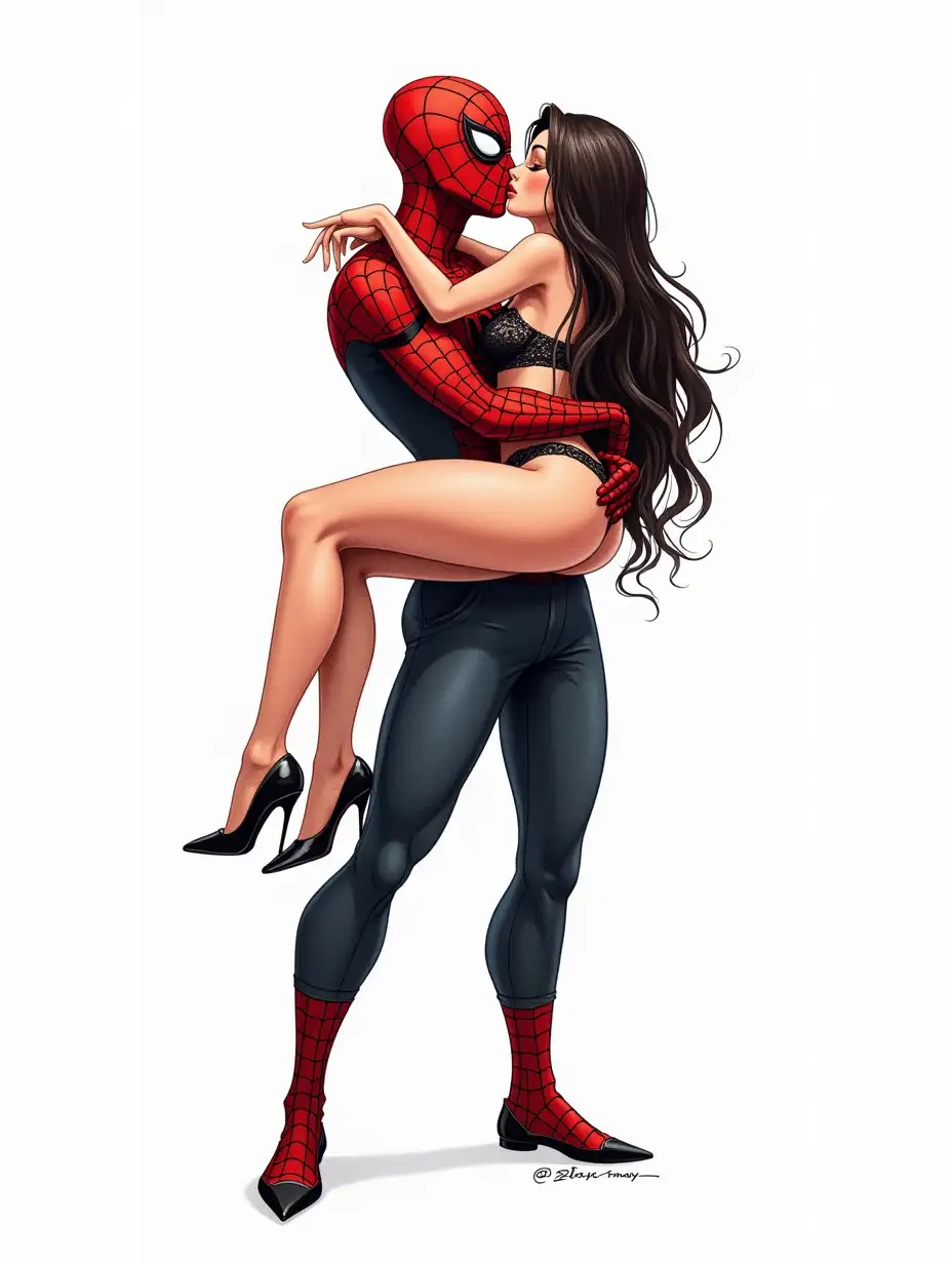 on a white background computer graphics, ink drawing, full-length illustration Spider-Man, who passionately holds a woman in both hands. Spider-Man is dressed in his classic suit with a red mask and black netted patterns. The woman is wearing lace bikini, black stockings, high heels, she has long dark hair. Cartoon, watercolor, art, drawing, animation sketch, fictional character, animation, literature, 32k, 5d