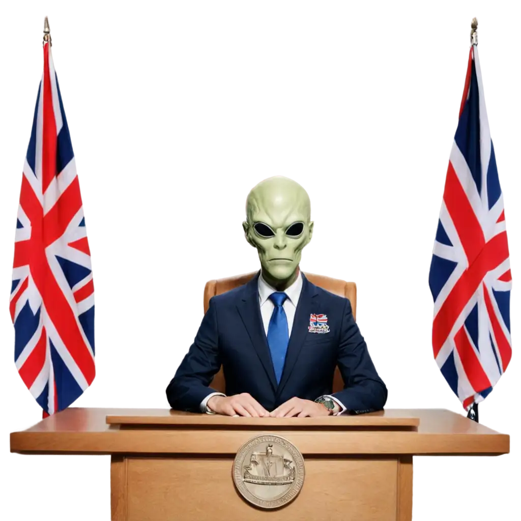 Create a photo of an alien judge that is an courtroom on a spaceship with the union jack flag in the background