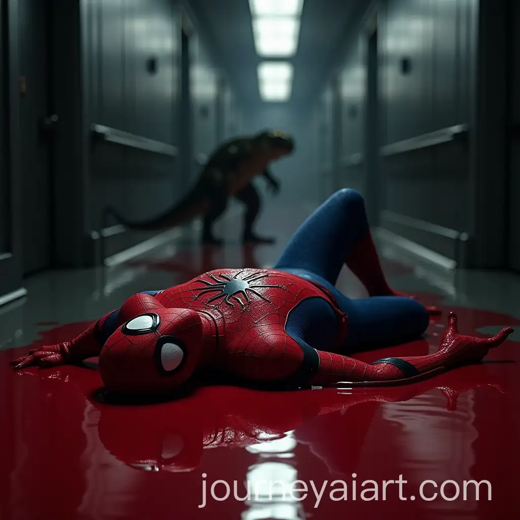 SpiderMan-Unconscious-in-Red-Liquid-in-Dark-Corridor-with-Reptile-in-Background