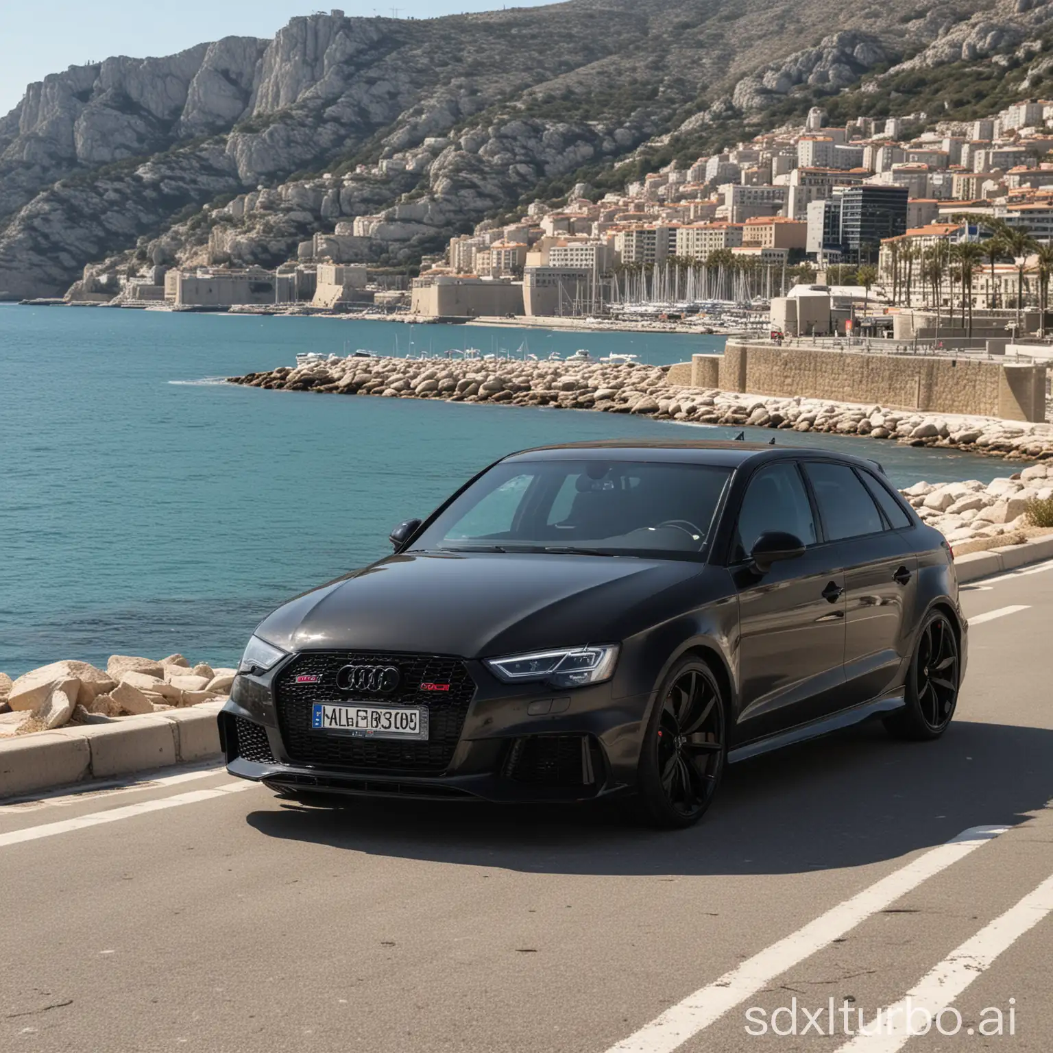 Audi-RS3-Black-Car-on-Marseilles-Corniche