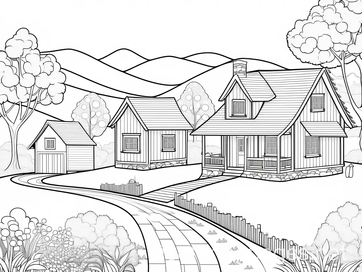 A little house in the village down to the hill , Coloring Page, black and white, line art, white background, Simplicity, Ample White Space. The background of the coloring page is plain white to make it easy for young children to color within the lines. The outlines of all the subjects are easy to distinguish, making it simple for kids to color without too much difficulty