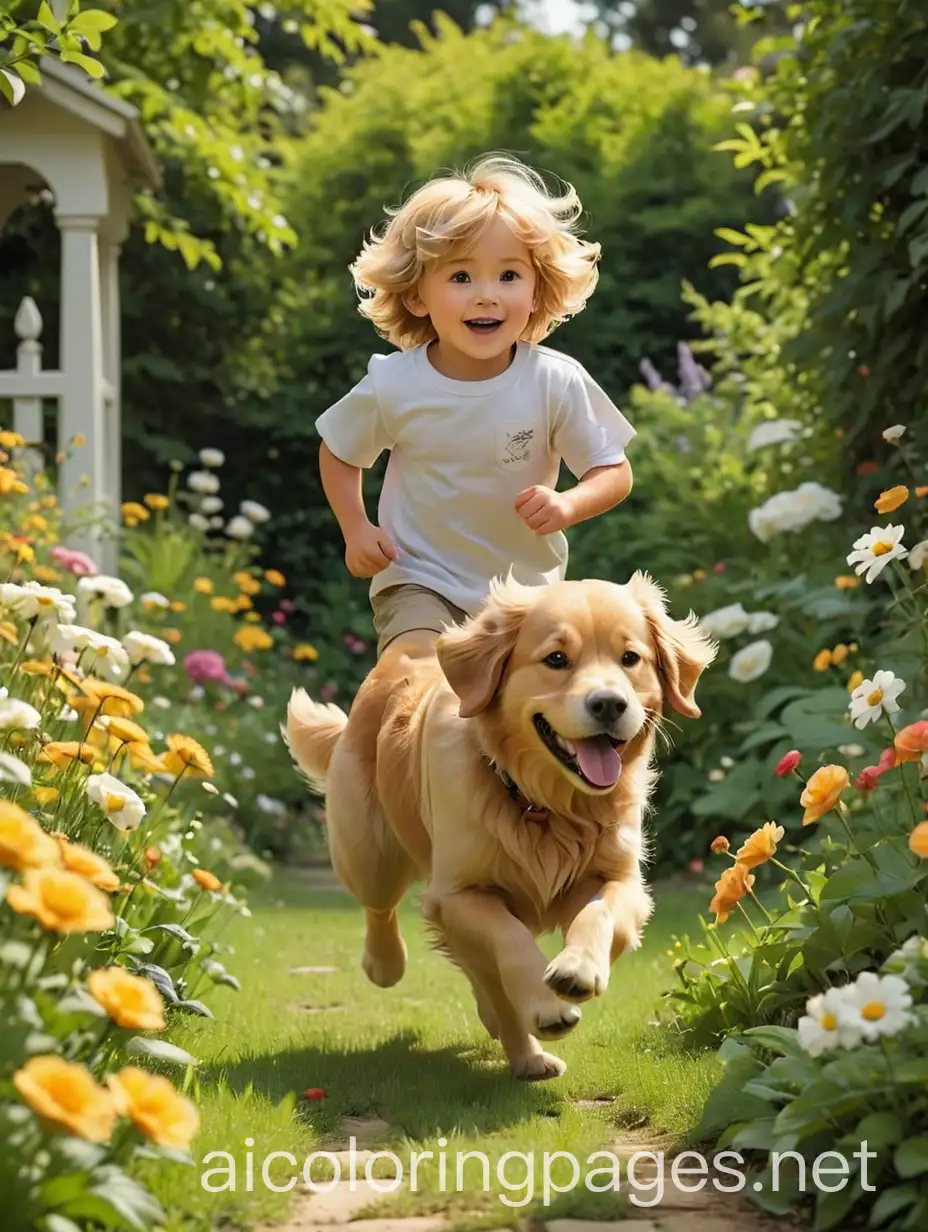 Young-Boy-Running-with-Golden-Retriever-in-Flower-Garden-Coloring-Page