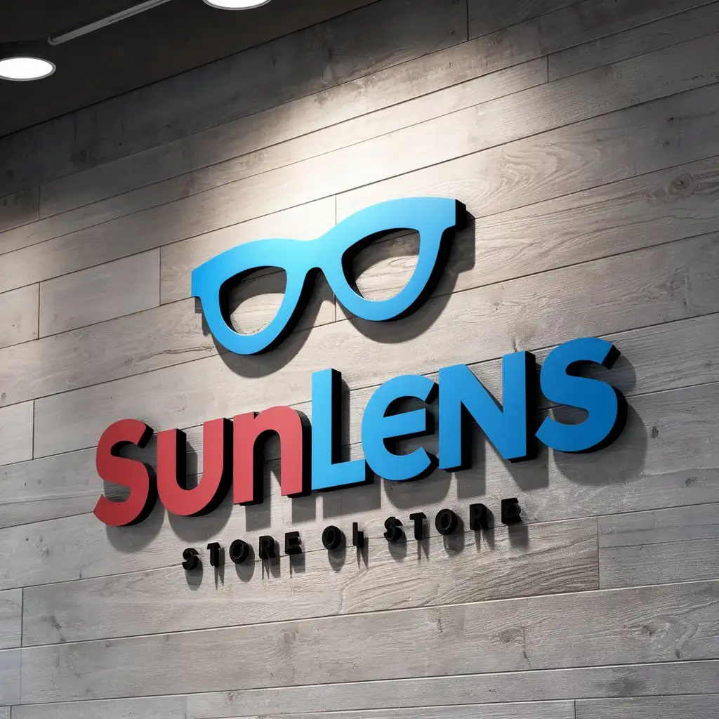 a vector logo design,with the text "SunLens", main symbol:main symbol of the store is glasses. They should be volumetric. The logo should be on the wall. There should be one bright light,Moderate,be used in Retail industry,clear background