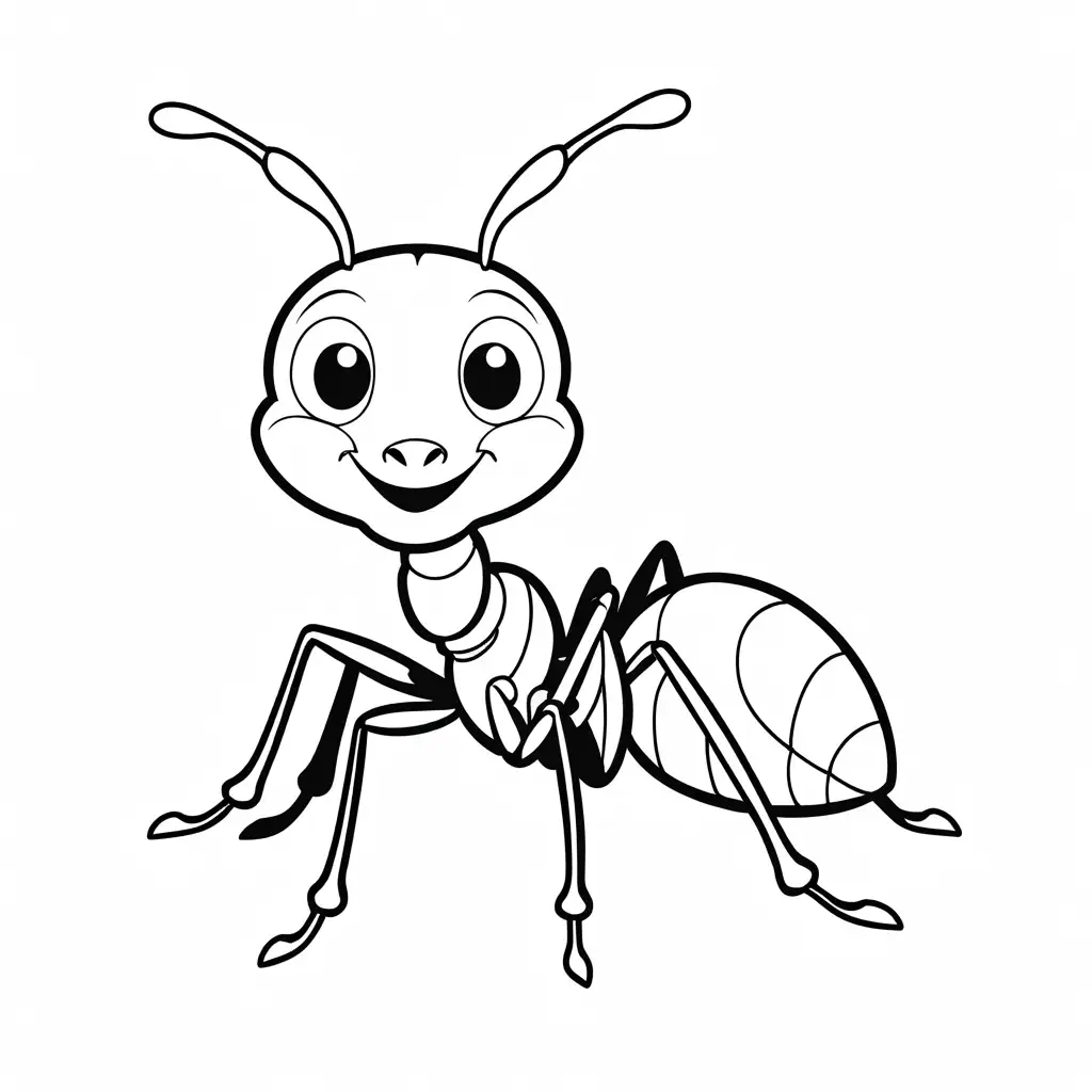 cute ant, Coloring Page, black and white, line art, white background, Simplicity, Ample White Space. The background of the coloring page is plain white to make it easy for young children to color within the lines. The outlines of all the subjects are easy to distinguish, making it simple for kids to color without too much difficulty