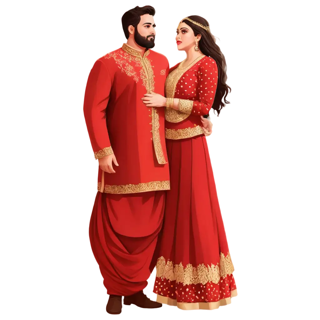 cartoon: Fat boy with beard and tall, in a red kurta and red jacket and dhoti and girl fair skinned and chubby in a full red lehenga, red dupatta with heavy jewelry. Both are looking into each others eyes