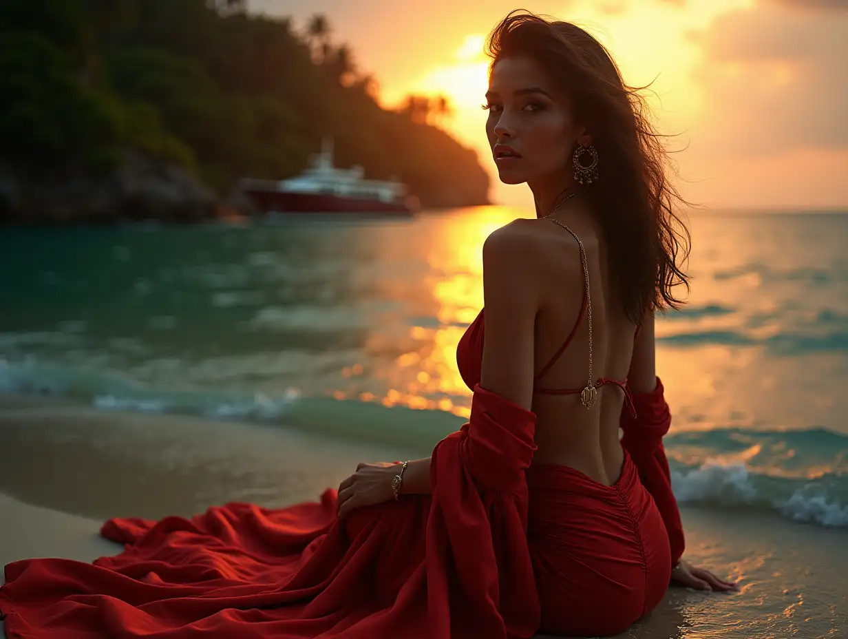 Dramatic-Glamorous-Model-on-Tropical-Shoreline-with-Luxury-Yacht-at-Sunset