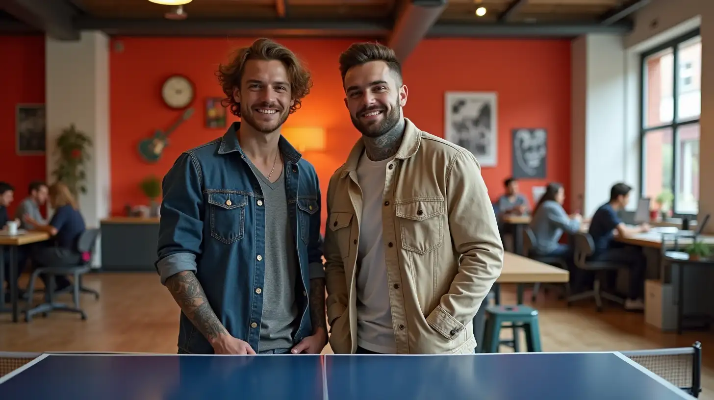 Two Male Friends Posing with a Ping Pong Table in a Modern Coworking Space