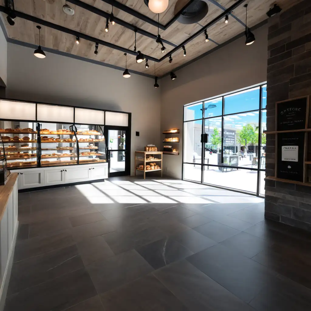 Artisan Bakery Interior with Display Case and Coffee Station