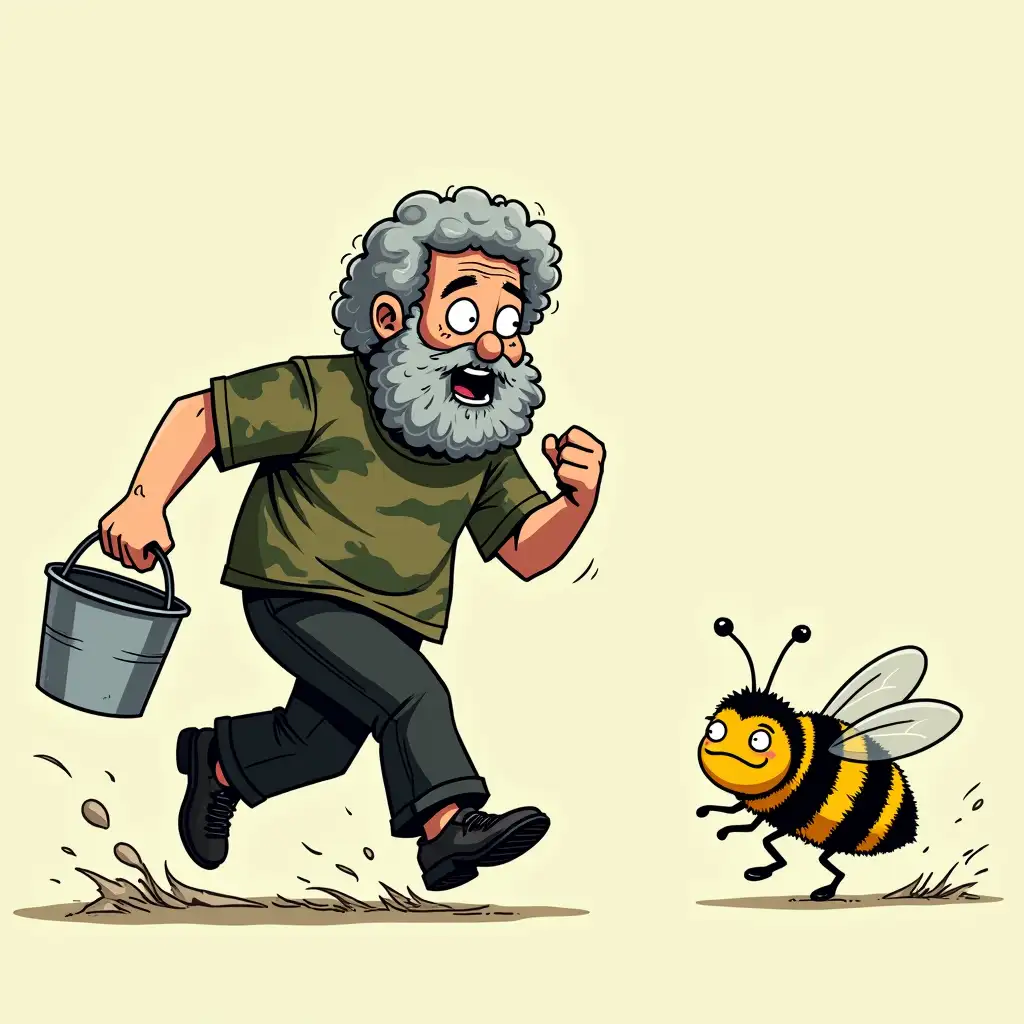 A fifty-year-old man, bearded, curly and gray, wearing a camouflage shirt, black pants and black shoes, with a galvanized bucket in his left hand, is running after a chubby, funny bee that is fleeing from him. Picture in comic style.