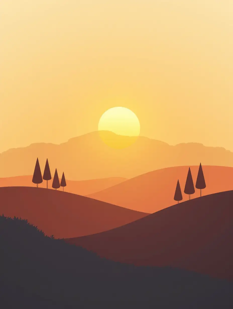 A flat design of a sunrise casting warm hues over rolling hills with minimalist trees and a soft gradient sky.