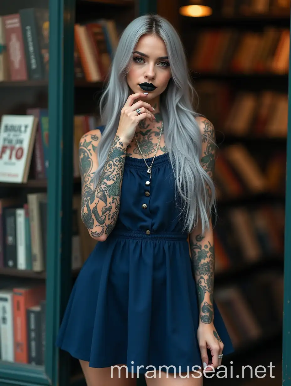 Cyberpunk Woman with Tattoos Posing Outside Bookstore