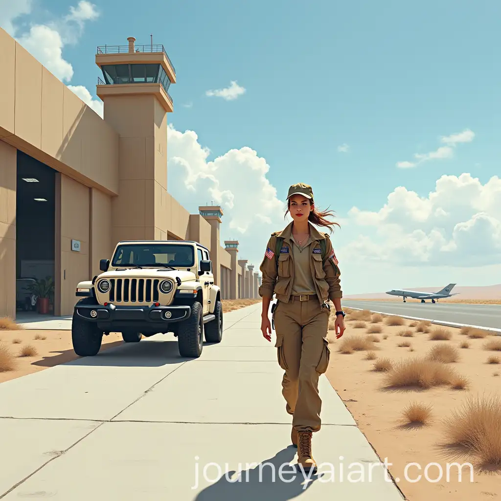 Military-Female-PilotAI-Image-Prompt-Expansion-Walking-Along-Airfield-with-Modern-Wrangler-Jeep-and-Office-Building