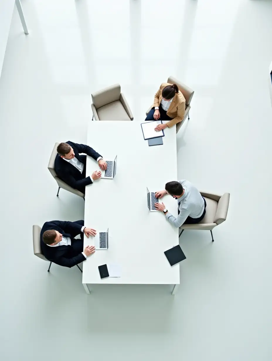 top view, angle directly from the ceiling, 3 men and 2 women in random poses sitting at a large white desk in the office, chatting, white floor, bright light