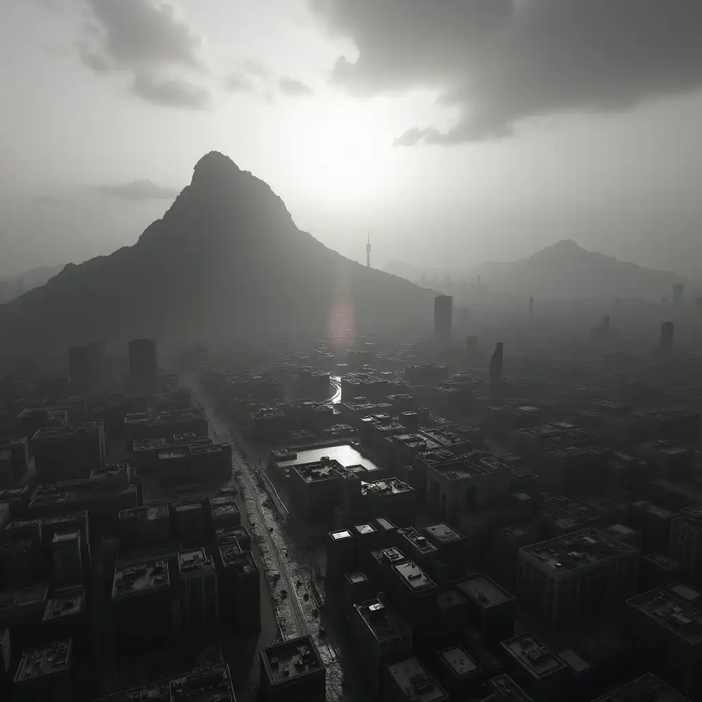 4k resolution photo in gray scale. Of dystopian gothic city in the prime years of it development.  about 2000feet off the ground. over looking  a city with a lay out as if it were a computer mother board. There is a mountain near the city with a landscape view. geographical features are visible. The atmosphere is sunset with prisms shooting across screen