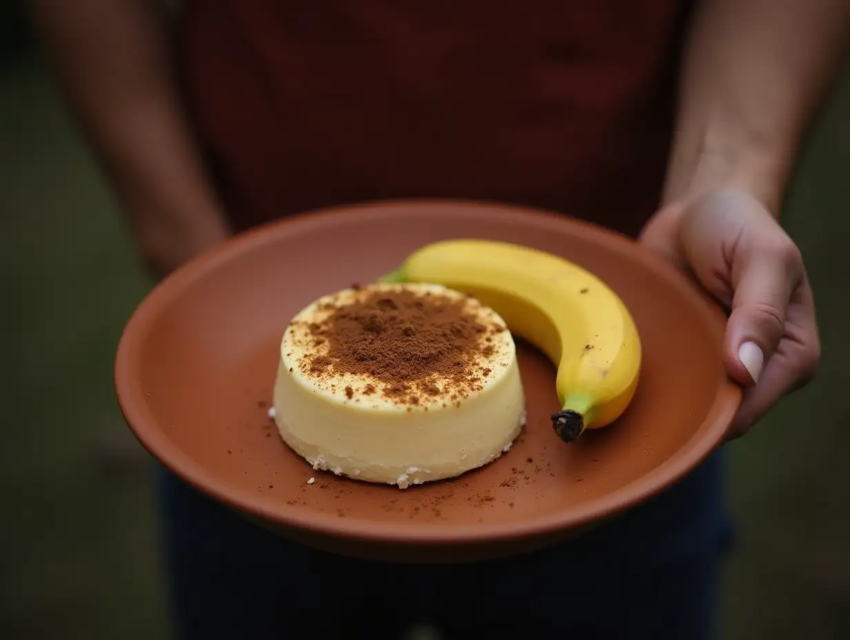 A man has a plate of clay in his hand and on that plate is Kheer and Banana